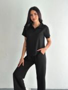 Osy Modal Yumuşak Dokulu Kumaş Kısa Kollu Yakalı T-shirt Pantalon Ikili Takım- Siyah resmi